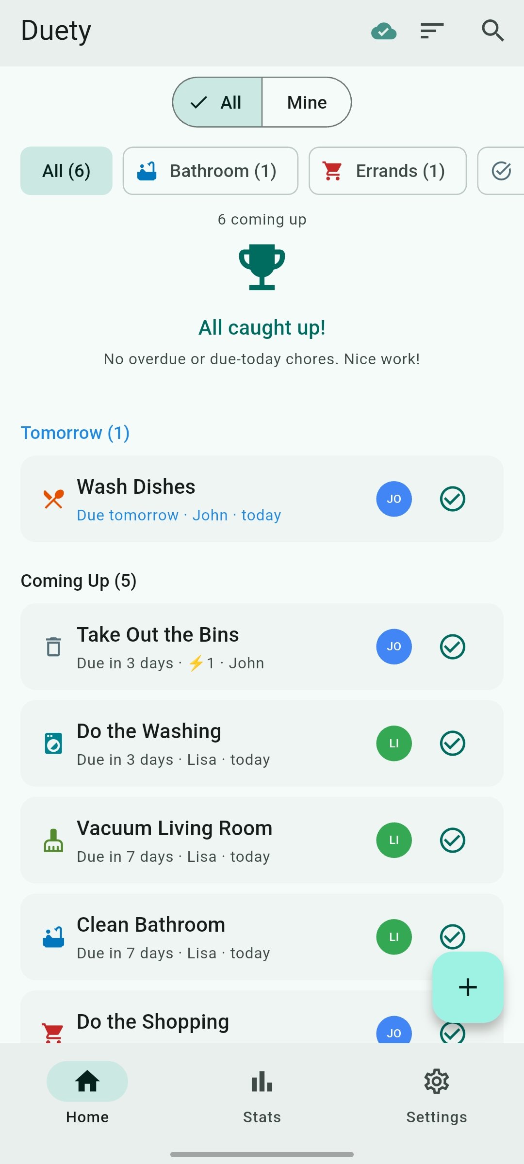 Duety app dashboard showing chores and household status