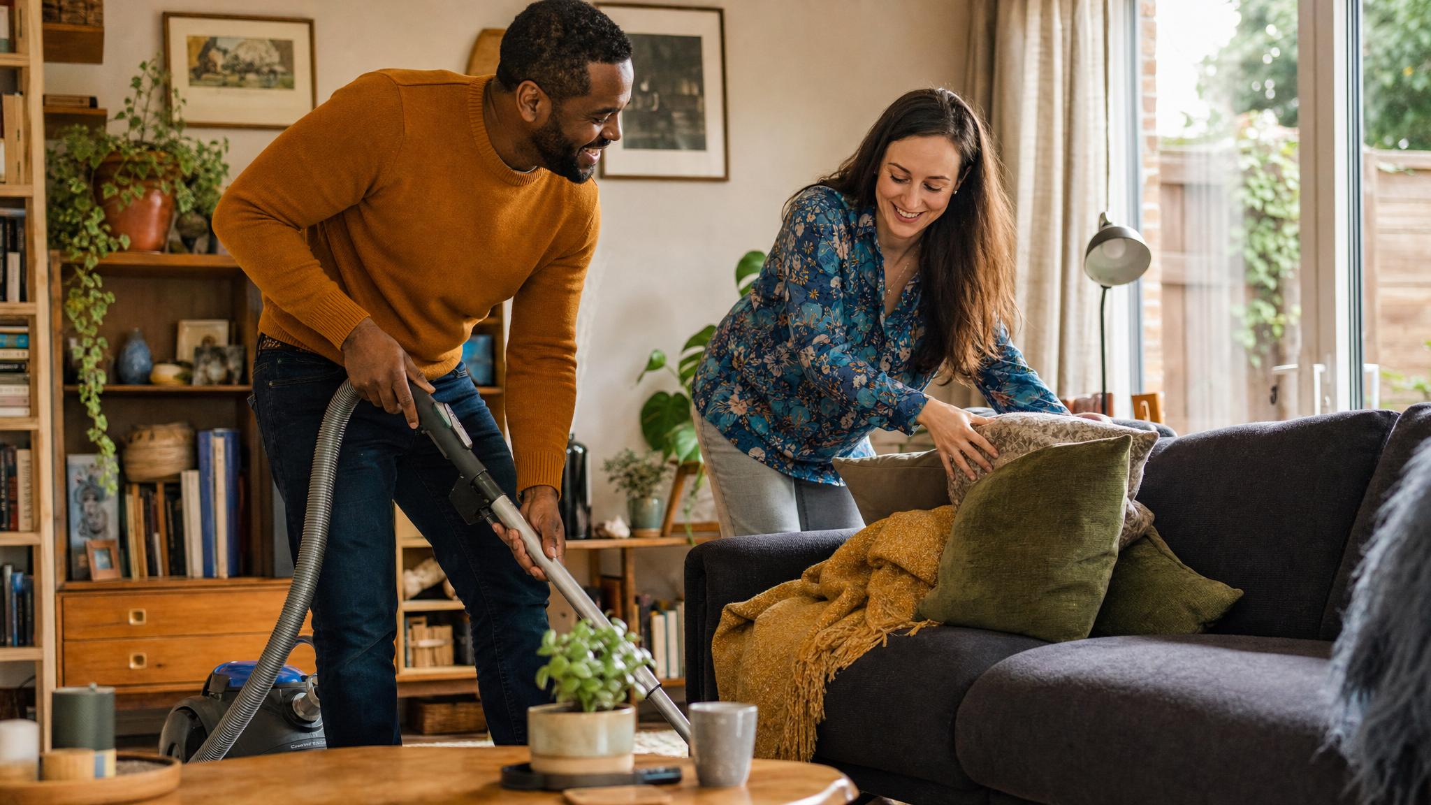 White woman and Black man vacuuming together — chore app that tracks who did what