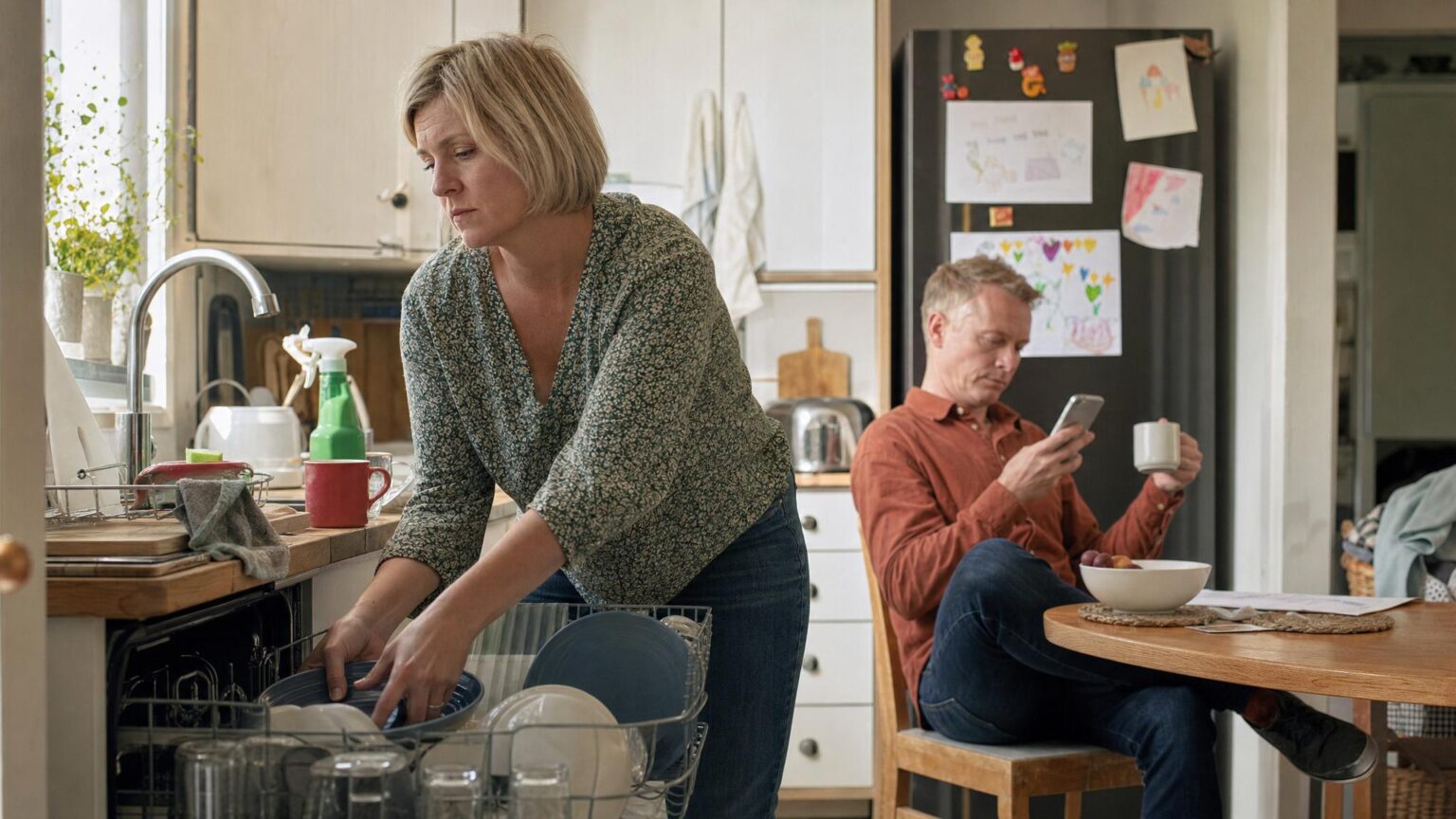The chore gap shown through a tired woman carrying more household chores while her partner is distracted nearby