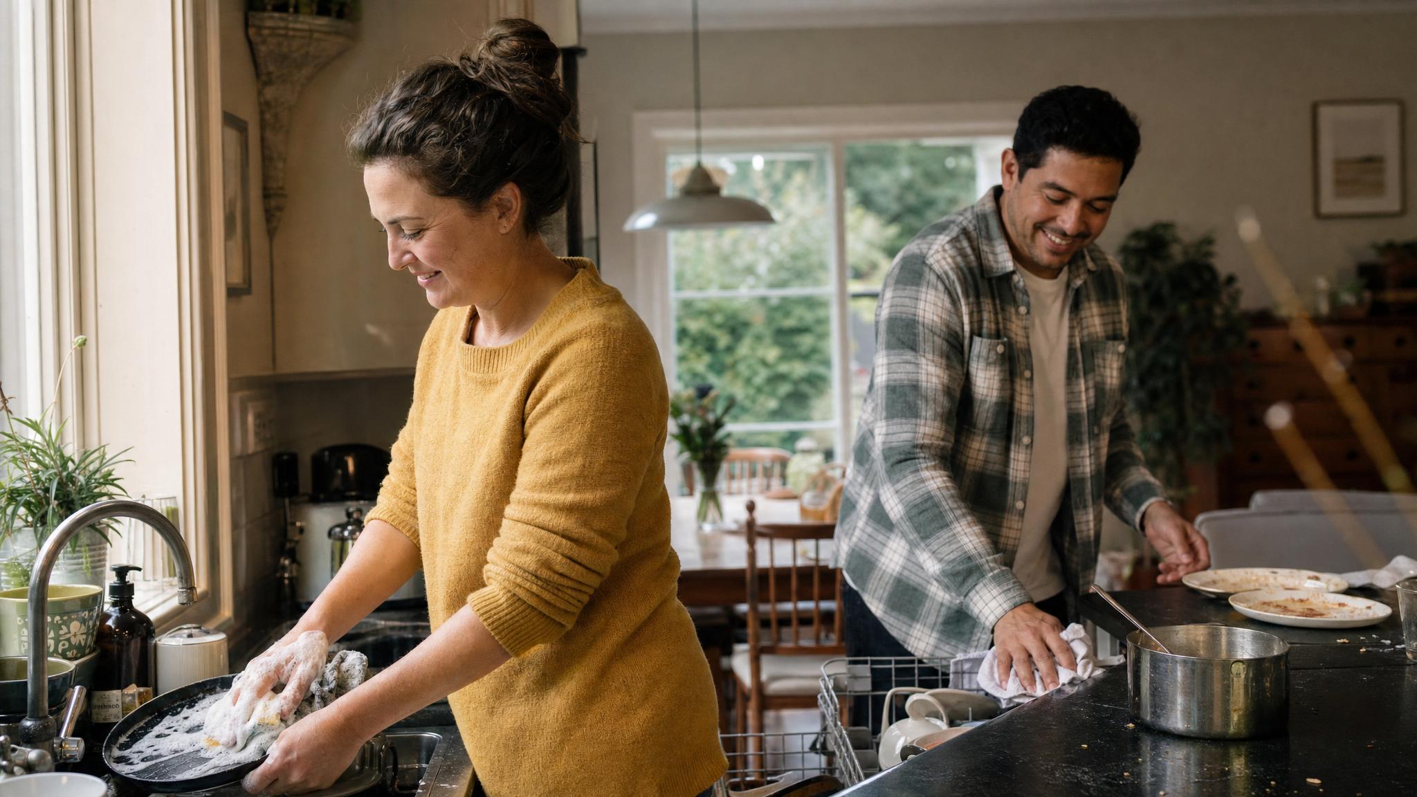 Couple washing dishes together after dinner — how to split chores fairly